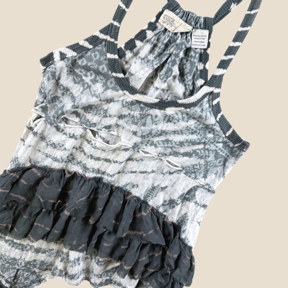 Miss Me Tank Top Women L Gray Tie Dye Ruffle Silk Trim Boho Racerback Sleeveless